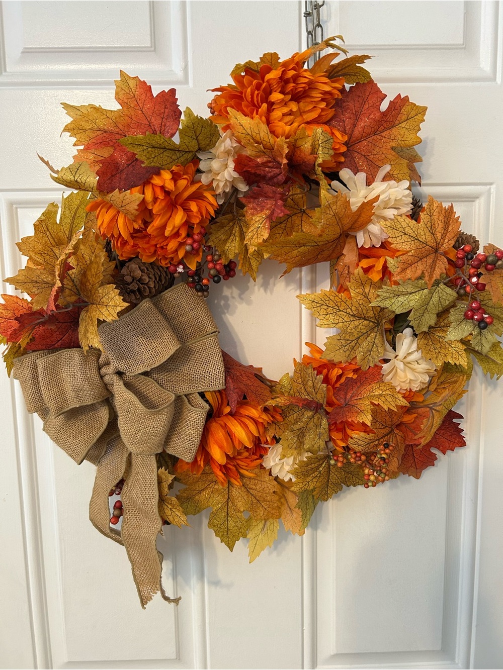 Autumn Glow Orange & Gold Fall Wreath with Burlap Bow